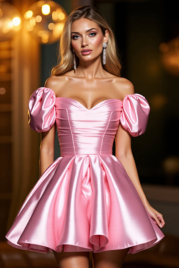 Pink Off The Shoulder A Line Satin Homecoming Dress